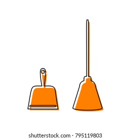 Dustpan vector sign. Scoop for cleaning garbage housework dustpan equipment. Vector. Black line icon with shifted flat orange filled icon on white background. Isolated.