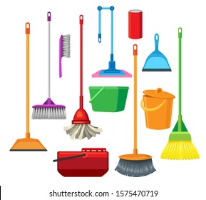 Dustpans brooms mops buckets cleaner supplies. Shovel and spray bottle, washing brush and squeegee handling equipment cartoon vector illustration