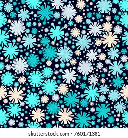 Dusty aqua, sky blue, ivory gradient spot snow flake tracery seamless pattern on dark navy. Abstract geometric texture background vector illustration. Winter xmas new year ornament for greeting card