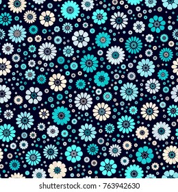 Dusty aqua, sky blue, ivory spot flower seamless pattern on dark navy. Mid century mod abstract floral geometric ornament for prints, textile, fabric, wrapping, package, cover, greeting card
