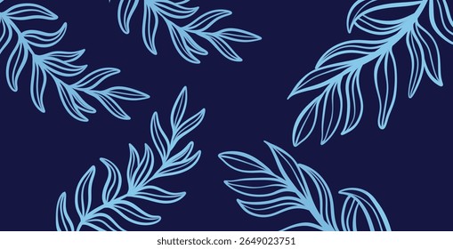 Fondo azul polvoriento con ricas líneas de hojas. Fondo azul oscuro con hojas, como un jardín nocturno.