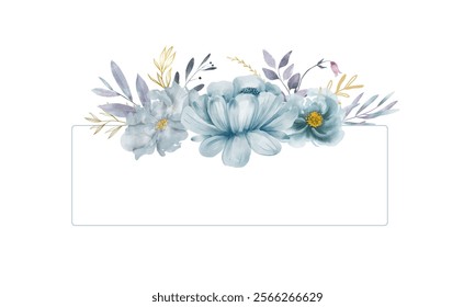 Dusty blue flower, design frame. Wedding seasonal flower card. Floral watercolor composition. Isolated and editable