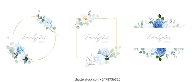 Dusty blue flowers and eucalyptus vector frames. Hand painted branches, rose, hydrangea on white backgrounds. Greenery wedding invitations. Watercolor cards. All elements are isolated and editable