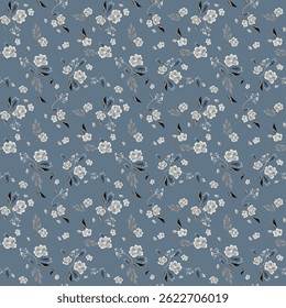 Folhagem azul empoeirado Design pequeno do padrão floral, Impressão da flor feminina, Shabby rústico Design de padrão sem emenda chique, Vintage Floral Inglês Countryside