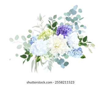 Dusty blue hyacinth, beige dahlia, white magnolia, purple and green hydrangea, greenery eucalyptus vector design bouquet. Wedding seasonal flowers. Floral watercolor composition. Isolated and editable