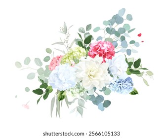 Dusty blue hyacinth, beige dahlia, white magnolia, red and green hydrangea, greenery eucalyptus vector design bouquet. Wedding seasonal flowers. Floral watercolor composition. Isolated and editable