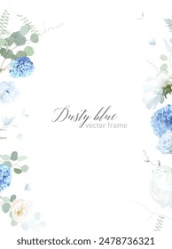 Dusty blue hydrangea, peony and eucalyptus vector frame. Hand painted branches, rose, hydrangea on white background. Greenery wedding invitation. Watercolor card. Elements are isolated and editable