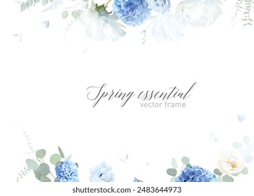 Dusty blue hydrangea, peony and eucalyptus vector frame. Hand painted branches, rose, hydrangea on white background. Greenery wedding invitation. Watercolor card. Elements are isolated and editable