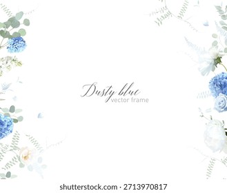 Hortensia azul polvorienta, peonía y marco de Vector de eucalipto. Ramas pintadas a mano, rosa, hortensias sobre fondo blanco. Invitación de boda verde. Tarjeta de acuarela. Los Elementos son aislados y editables