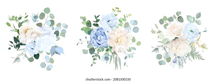 Dusty blue, ivory beige rose, white hydrangea, magnolia, peony, ranunculus, wedding flowers, greenery and eucalyptus, berry, juniper vector design bouquets.Trendy pastel color collection. Editable