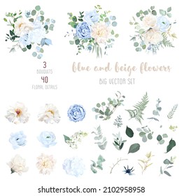 Dusty blue, ivory beige rose, white hydrangea, magnolia, peony, ranunculus, wedding flowers, greenery and eucalyptus, berry, juniper big vector set.Trendy pastel color collection.Isolated and editable