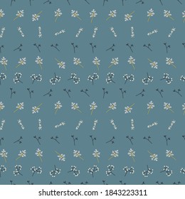 Las hojas azul turbias son un patrón sin fisuras. Plantas dibujadas a mano y hojas de diferentes formas, ilustración vectorial.
