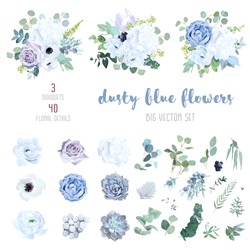 Dusty Blue, Pale Purple Rose, White Hydrangea, Ranunculus, Iris, Echeveria Succulent, Flowers,greenery And Eucalyptus,berry, Juniper Big Vector Set.Trendy Pastel Color Collection.Isolated And Editable