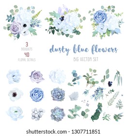 Dusty blue, pale purple rose, white hydrangea, ranunculus, iris, echeveria succulent, flowers,greenery and eucalyptus,berry, juniper big vector set.Trendy pastel color collection.Isolated and editable