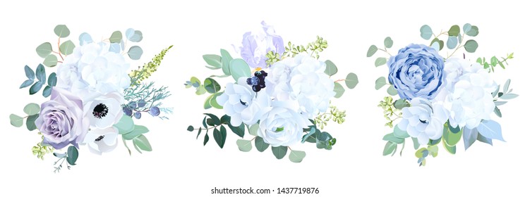 Dusty blue, pale purple rose, white hydrangea, ranunculus, iris,anemone flower,greenery and eucalyptus,berry,juniper vector design wedding bouquets.Trendy pastel color collection.Isolated and editable