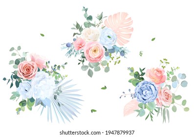 Rosa azul turbio, rosa de color turquesa, hortensias blancas, ranunculus, flores de boda, vegetación y eucalipto, berry, ramos de vectores digitales de enebro. Colección de colores pastel de diseño. Aislado y editable