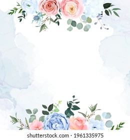 Dusty blue and peachy blush rose, white hydrangea, ranunculus, eucalyptus, greenery, juniper vector design frame. Wedding seasonal flower card. Floral  watercolor composition. Isolated and editable