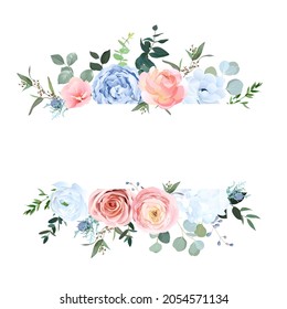 Dusty blue and peachy blush rose, white hydrangea, ranunculus, eucalyptus, greenery, juniper vector design banner. Wedding seasonal flower card. Floral  watercolor composition. Isolated and editable