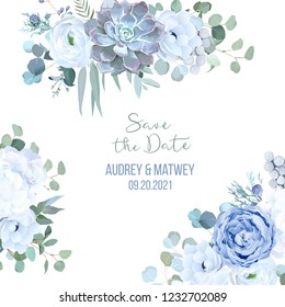 Dusty Blue Rose, Echeveria Succulent, White Hydrangea, Ranunculus, Anemone, Eucalyptus, Juniper, Brunia Vector Design Frame.Wedding Seasonal Flower Card.Floral Border Composition.Isolated And Editable