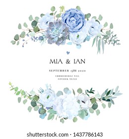 Dusty blue rose, echeveria succulent, white hydrangea, ranunculus, anemone, eucalyptus, juniper vector design wedding bouquets.Seasonal flower card.Floral square composition.Isolated and editable