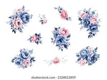 Dusty blue rose, echeveria succulent, white hydrangea, ranunculus, anemone, eucalyptus, juniper vector design wedding bouquets.Seasonal flower card.Floral square composition.Isolated and editable