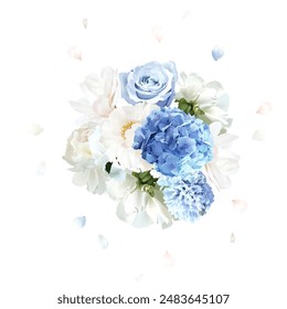 Dusty blue rose, hydrangea, white magnolia, peony, hyacinth vector design mono flowers bouquet. Wedding seasonal floral. Summer blooms watercolor composition. All elements are isolated and editable