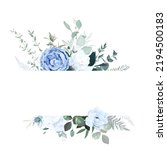 Dusty blue rose, white hydrangea, ranunculus, anemone, eucalyptus, greenery, juniper, magnolia vector design frame. Wedding seasonal flower card. Floral  watercolor composition. Isolated and editable