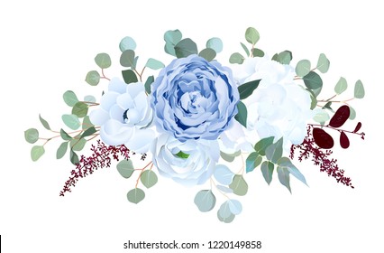 Dusty blue rose, white hydrangea, ranunculus, anemone, eucalyptus, burgundy red astilbe vector design bouquet. Wedding seasonal flowers.Floral border composition.All elements are isolated and editable