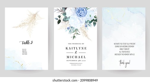 Rosa azul turbio, hidrato blanco, ranunculus, magnolia, pampas hierba, vegetación, enebro, marco de diseño de vector agonis. Boda de flores de temporada. Composición de las acuarelas florales. Aislado y editable