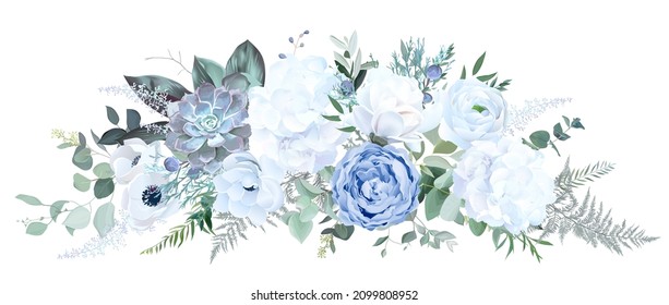 Dusty blue rose, white hydrangea, ranunculus, magnolia, anemone, succulent, greenery, juniper vector design bouquet. Wedding seasonal flowers. Floral  watercolor composition. Isolated and editable