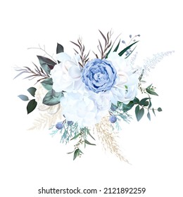 Dusty blue rose, white hydrangea, ranunculus, magnolia, agonis, pampas grass, greenery, juniper vector design bouquet. Wedding seasonal flowers. Floral  watercolor composition. Isolated and editable