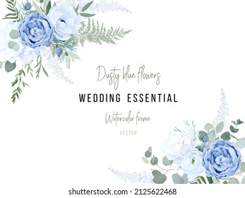 Dusty blue rose, white hydrangea, ranunculus, anemone, eucalyptus, greenery, juniper, brunia vector design frame. Wedding seasonal flower card. Floral  watercolor composition. Isolated and editable