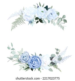 Dusty blue rose, white hydrangea, ranunculus, anemone, eucalyptus, greenery, juniper, magnolia vector design frame. Wedding seasonal flower card. Floral  watercolor composition. Isolated and editable