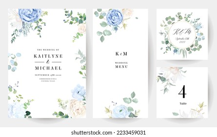 Dusty blue rose, white hydrangea, ranunculus, magnolia, eucalyptus, greenery, juniper, anemone vector design frames. Wedding seasonal flower cards. Floral  watercolor composition.Isolated and editable