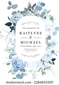 Dusty blue rose, white hydrangea, ranunculus, anemone, eucalyptus, greenery, juniper, magnolia vector design frame. Wedding seasonal flower card. Floral  watercolor composition. Isolated and editable