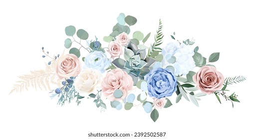 Dusty blue rose, white hydrangea, ranunculus, succulent, camellia, eucalyptus, greenery, juniper vector design bouquet. Wedding seasonal flowers. Floral  watercolor composition. Isolated and editable