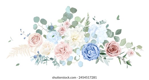 Dusty blue rose, white hydrangea, ranunculus, dahlia, camellia, eucalyptus, greenery, juniper vector design bouquet. Wedding seasonal flowers. Floral  watercolor composition. Isolated and editable