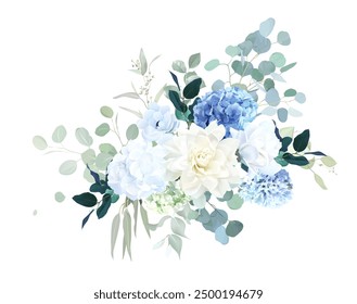 Staubige blaue Rose, weiße Hortensien, Dahlien, Hyazinthen, Magnolien, weiße Anemonen, grüne Eukalyptus-Vektordesign-Bouquet. Hochzeit saisonale Blumen. Florale Aquarellkomposition. Einzeln und bearbeitbar