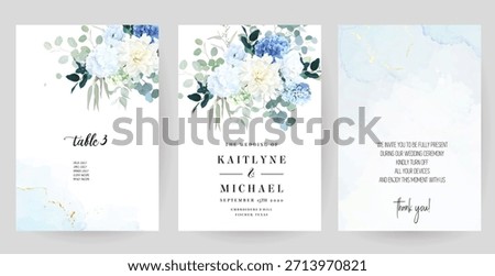Dusty blue rose, white hydrangea, ranunculus, magnolia, greenery, beige dahlia, blue hyacinth vector design frames. Wedding seasonal flower cards. Floral  watercolor composition. Isolated and editable