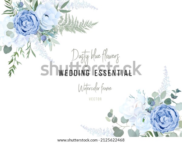 Dusty blue rose, white hydrangea, ranunculus,\
anemone, eucalyptus, greenery, juniper, brunia vector design frame.\
Wedding seasonal flower card. Floral  watercolor composition.\
Isolated and editable