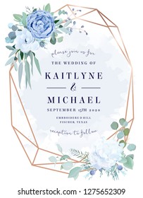 Dusty blue rose,  white hydrangea,anemone, eucalyptus, juniper vector design frame.Stylish pink gold geometry. Watercolor style.Wedding seasonal flower card.Floral composition.Isolated and editable