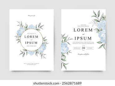 Dusty blue roses green leaves on the wedding invitation template