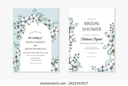 Dusty blue wedding cards with cotton flowers. Luxury background and template layout design for luxury invitation card and cover template