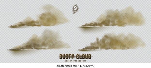 Dusty cloud or broun dry sand flying with a gust of wind, sandstorm, explosion realistic texture with small particles or grains of sand illustration 9 set isolated on transparent background. Vector