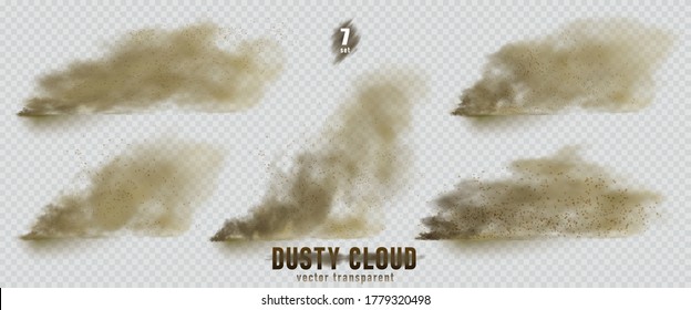 Dusty cloud or broun dry sand flying with a gust of wind, sandstorm, explosion realistic texture with small particles or grains of sand illustration 7 set isolated on transparent background. Vector