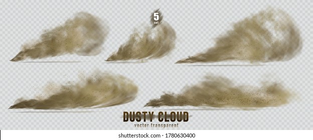 Dusty cloud or broun dry sand flying with a gust of wind, sandstorm, explosion realistic texture with small particles or grains of sand illustration 5 set isolated on transparent background. Vector