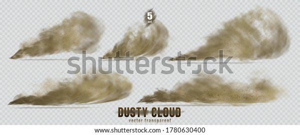 Dusty cloud or broun dry sand flying with a gust\
of wind, sandstorm, explosion realistic texture with small\
particles or grains of sand illustration 5 set isolated on\
transparent background.\
Vector