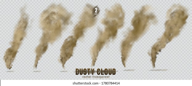 Dusty cloud or brown dry sand flying with a gust of wind, sandstorm, explosion realistic texture with small particles or grains of sand illustration 2 set isolated on transparent background. Vector