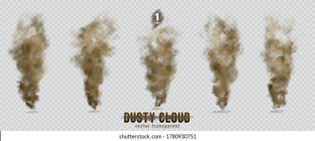 Dusty cloud or brown dry sand flying with a gust of wind, sandstorm, explosion realistic texture with small particles or grains of sand illustration 1 set isolated on transparent background. Vector