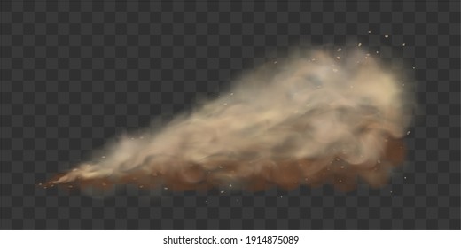 Dusty cloud or  sand with flying with small particles or grains of sand escaping from under the wheels of a moving car. Vector illustration isolated on transparent background.